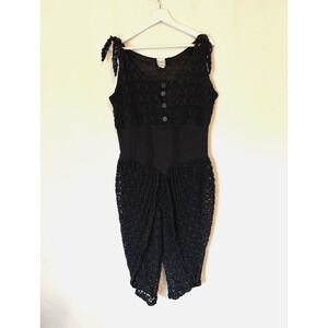 Vtg Rico USA Jumpsuit XL Blue Lace Sleeveless Crochet Fitted Buttons Boho
